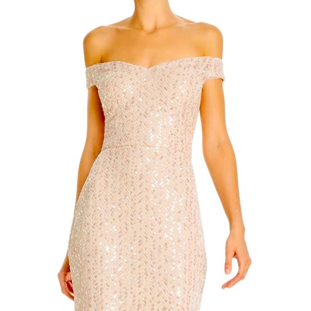 Women’s Formal Dress Size 8 AQUA Ivory Off-Shoulder Allover Beaded Sequins Gown - Picture 2 of 8